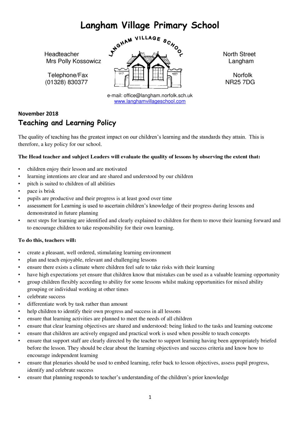 Teaching And Learning Policy Updated Nov 2018 – Langham Village School